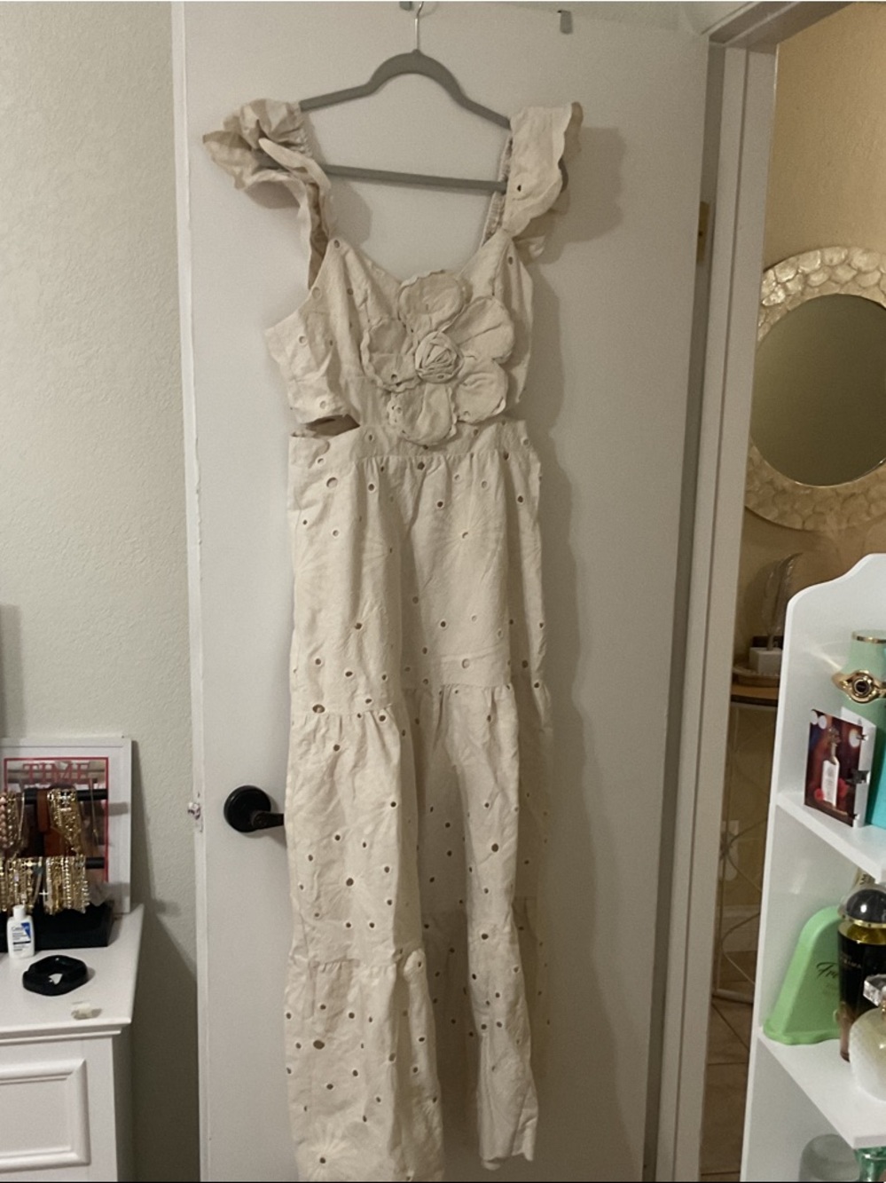 Cream Eyelet Maxi Dress with Floral Appliqué